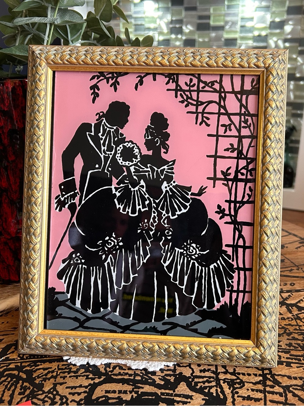 Painted Glass Silhouette Framed Art, Pink Cottagecore Courting Couple Wall Decor